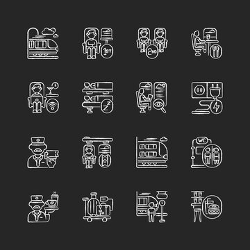 Train services chalk white icons set on black background. City travel, railroad transportation. Modern railway commuting, passenger train tickets booking. Isolated vector chalkboard illustrations