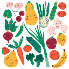 Flat collection of cute food: Butternut squash, leek, cucumbers, mushrooms, beets, sweet pea, zucchini, banana, orange, apple, strawberry, brocoli, pear, tomato, lemon, cauliflower, onion, cherry.