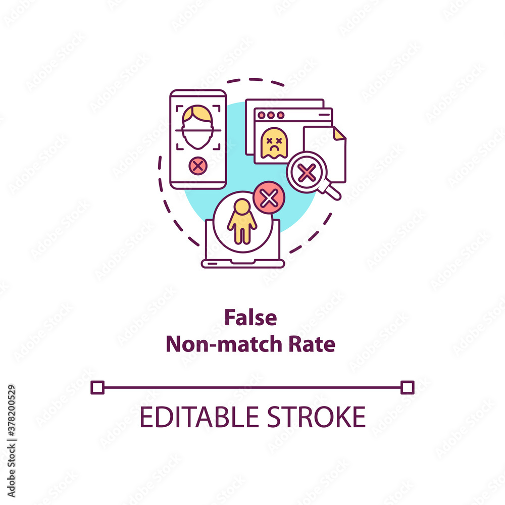 Wall mural False non-match rate concept icon. Person identification failure. Database error. Verification troubles ideas idea thin line illustration. Vector isolated outline RGB color drawing. Editable stroke