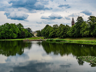 Gartenreich, Wörlitz, Germany, 27 July 2020. Idyllic landscape of formal gardens, trees, lakes and lawns in the Eastern part of Germany. Unesco world heritage site.