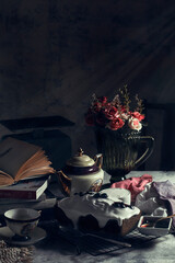 still life with candle and flowers