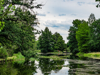 Fototapeta premium Gartenreich, Wörlitz, Germany, 27 July 2020. Idyllic landscape of formal gardens, trees, lakes and lawns in the Eastern part of Germany. Unesco world heritage site.