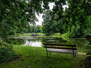 Gartenreich, Wörlitz, Germany, 27 July 2020. Idyllic landscape of formal gardens, trees, lakes and lawns in the Eastern part of Germany. Unesco world heritage site.