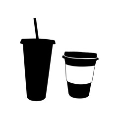 Vector Silhouette coffee cup. Disposable or reusable Coffee mug and plastic glass to go. Doodle flat illustration.