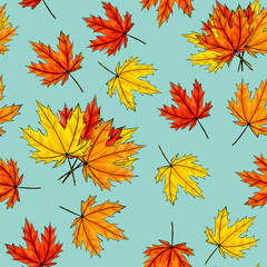 Fototapeta na wymiar Maple leaves seamless pattern on light blue background. Autumn foliage of deciduous tree lying on surface. Fall season orange red yellow leafage randomly placed