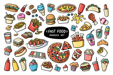 Vector colorful doodles set on the theme of fast food. Isolated cartoon burgers, noodles, cupcakes, drinks, donuts, pizza, sauce on white background