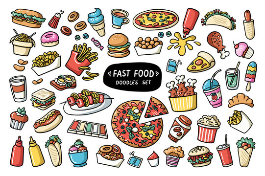 Vector colorful doodles set on the theme of fast food. Isolated cartoon burgers, noodles, cupcakes, drinks, donuts, pizza, sauce on white background