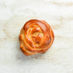 Freshly baked sweet homemade buns. Baking from rye and flour. Top view. Rustic style.