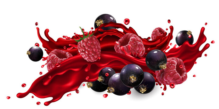 Splash of fruit juice with raspberry and black currant berries.