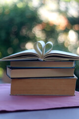 Stack of hardcover books in a garden. Top book has pages shaped like a heart. Selective focus.