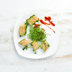 Chicken rolls with spinach and cheese. Top view. Free space for your text.