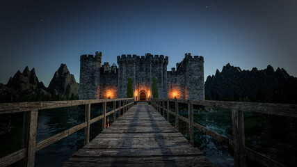 medieval castle with forest and mountains environment © VITAartBR