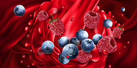 Blueberries and raspberries in red fruit juice.