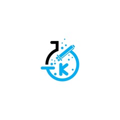 Microscope icon k letter logo in flat style.Laboratory k letter Logo.Icon of chemical laboratory flask with bubbling liquid.test tube icon With gray and sky color.