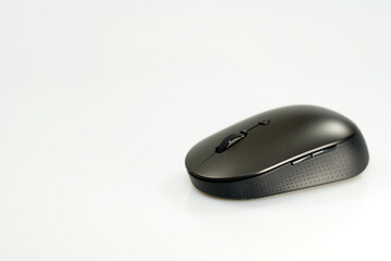 Black modern wireless pc mouse on white background