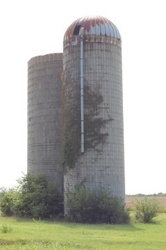 Twin grain silos on a Kansas farm