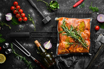 Vacuum packing with raw veal kebab. Top view. Free space for your text.