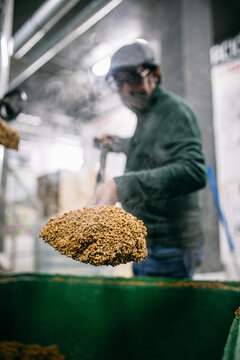 Brewer putting hot malt into container