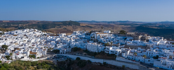 Naklejka premium Aerial perspective of Vejer de la Frontera, a beautiful white town in south Spain on the top of a hill