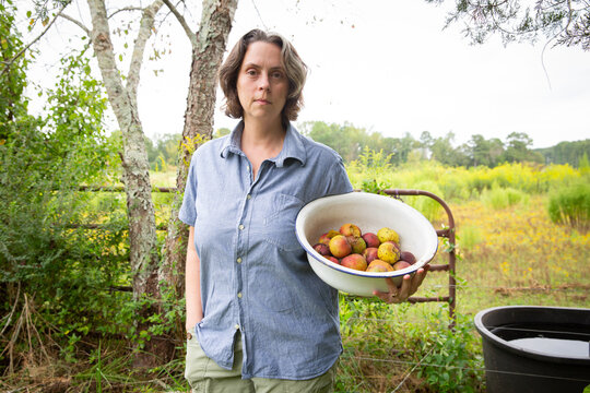 woman in chambray shirt with bowl of apples