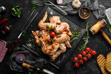 Raw chicken wings in chili sauce. Barbecue. Top view. Free copy space.