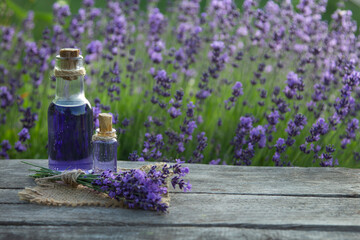Essential oil bottle oil and lavender flowers field