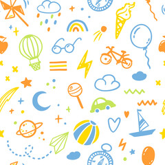 Doodle sketch boy seamless colorful pattern. Cute childish hand-drawn illustrations in a simple style. ideal for modern prints, baby textiles, fabrics, wallpapers, packaging