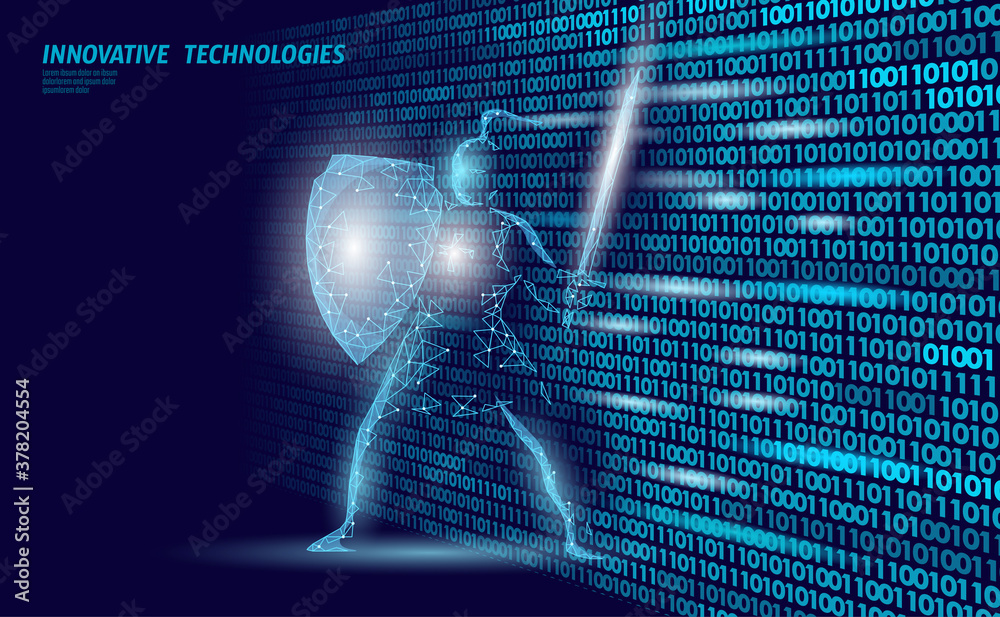Wall mural cyber safety khight on data mass. internet security lock information privacy low poly polygonal futu