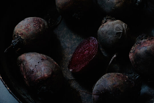 Closeup shot of baked beetroot with dark lightning