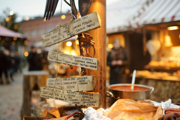 Menu written in different languages on wooden plates on the most authentic Christmas market in Riga offering dozens of crafts and food stalls.