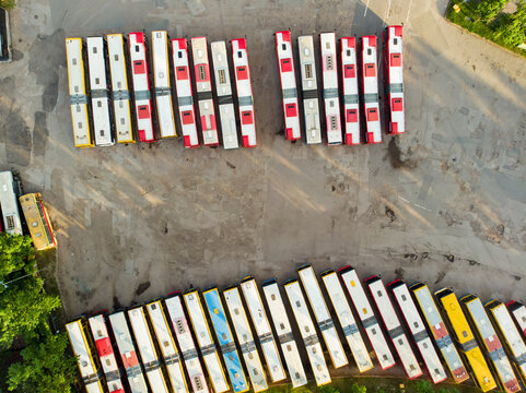 Aerial Top Down View Of Bus Garage In Vilnius, Lithuania