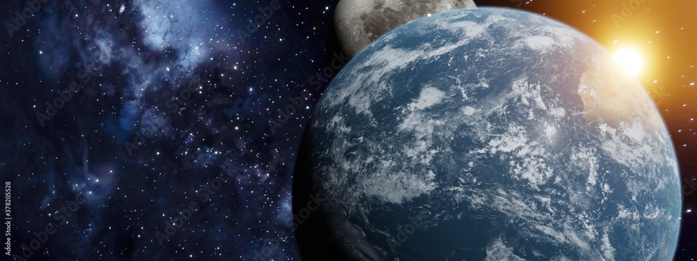 Wall mural 3d rendering of earth with moon gazing over the top and sunlight. elements of this image furnished b
