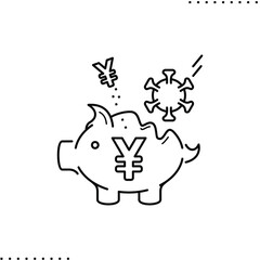 pandemic hit: falling Covid-19 virus and crash piggy bank with yen sign, vector icon in outlines