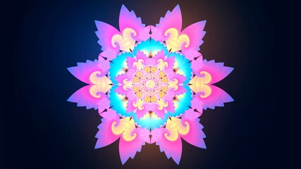 Black background with round bright symmetric pattern, colorful glowing mandala