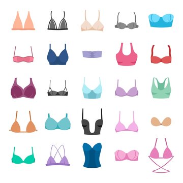 Set of different bras on a white background, women's underwear in different styles