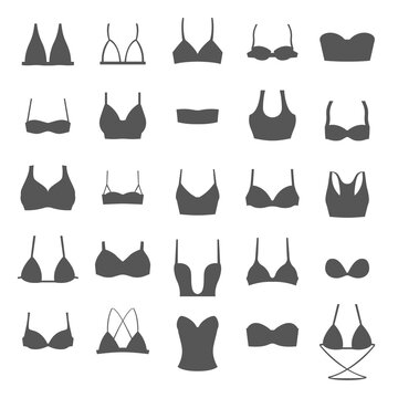 Set of black icons of different bras on a white background, women's underwear in different styles