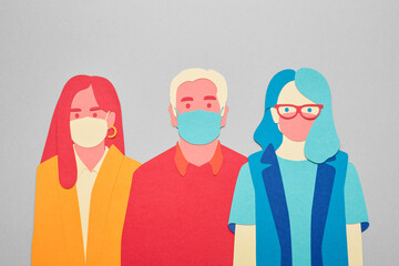 Illustration of three people wearing surgical masks for protection.