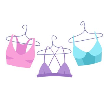 Illustration with three bras on hangers on a white background, female underwear
