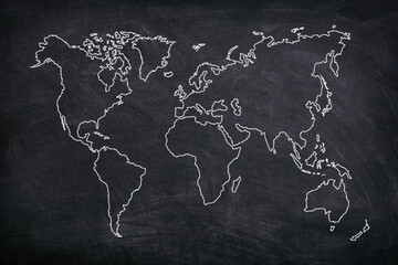 World map draw contour on black chalkboard
