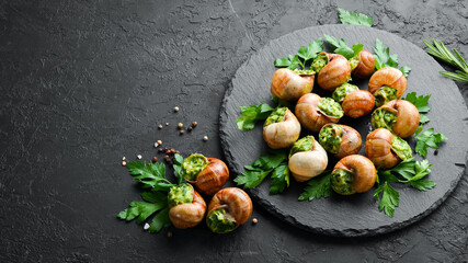Snails baked with sauce. Baked snails with butter and spice. Top view. Free space for your text.