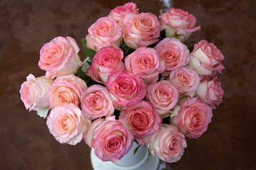 Bouquet of pink roses top view 