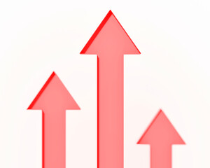 Three red arrows pointing up isolated on white background; arrows design template; creative business growth concept; top view; copy space; depth of field; 3d rendering, 3d illustration