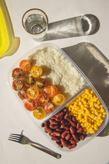 Homemade vegetarian food in lunch boxes with healthy vegetables. Vegetarian food concept. Healthy food. Top view, flat lay.