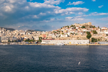 Fototapeta premium Blue sky over the port city of Kavala