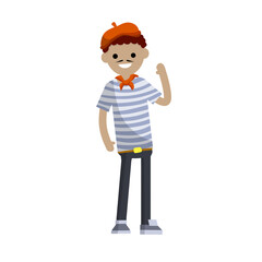 French man in blue striped clothes and red beret waving his hand. Typical resident of Europe. Cartoon flat illustration. Guy stand.