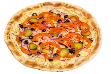 Pizza isolated on a white background: cheese, mozzarella, salmon, fish, tomatoes, cucumbers, olives