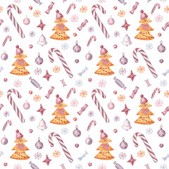 Seamless pattern with Christmas tree, candy canes and decorations. Watercolor painted elements on a white isolated background. Cute and warm design for giftware and backgrounds. 