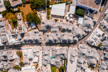 Aerial view of the traditional trulli houses in Arbelobello, province Bari, region Puglia, Italy