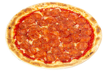 Pizza isolated on a white background: cheese, mozzarella, salami, chorizo, onion, Basil