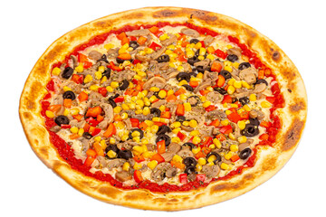 Pizza isolated on a white background: cheese, mozzarella, corn, mushrooms,  tomatoes